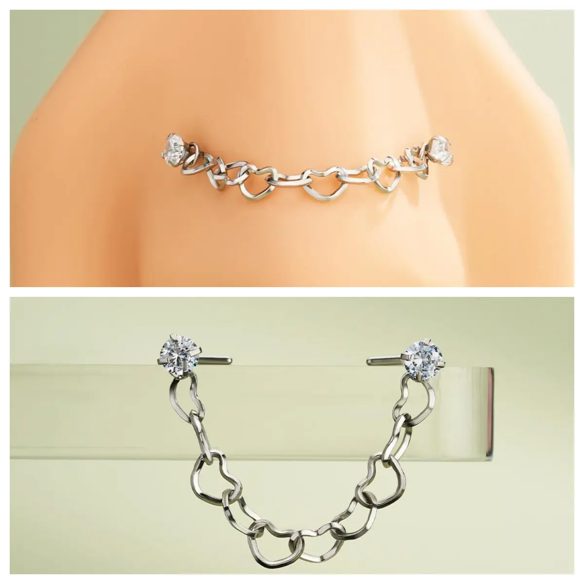 Oufer 20G CZ Top Heart Shape Butterfly Chain High Nostril Piercing Stud with Cubic Zirconia for Everyday Wear and Special Occasions