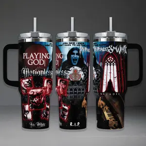 Motionless In White Playing God Tumbler Cup, Dark Gothic Metal Band Full Wrap Stainless Steel Insulated Tumbler 20oz/40oz With Straw Lid Included, 40oz Handle Option