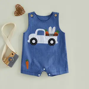 Imcute Infant Baby Girl Boy Easter Romper Truck Carrot Bunny Ear Embroidered Crew Neck Sleeveless Newborn Jumpsuit Infant Overalls