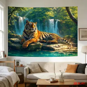 2D Flat Banner HD Digitally Printed Polyester Photography Backdrop, Soft Lightweight Foldable Background Cloth featuring a Majestic Tiger in a Lush Waterfall Jungle Landscape, ideal for Studio Photography, Video Backgrounds, Party