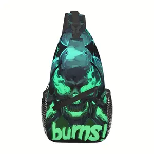A Versatile Green Crossbody Chest Bag Featuring a Flaming Skull Design, Perfect for Hiking, Shopping, Or Leisure Travel. This Durable And Spacious Backpack Is Ideal for Beach Outings, Fishing Trips, School, And Makes a Great Christmas Gift