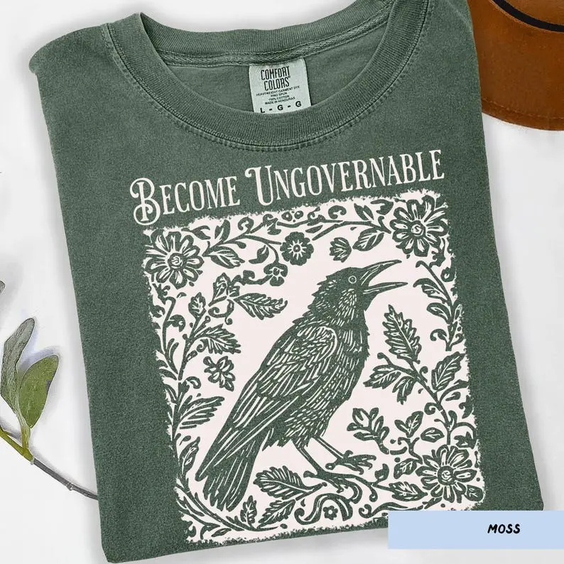 Comfort Colors Become Ungovernable Vintage T-shirt Folklore Crow Folklore Forest Crow Lino Retro Tee Crow T-shirt Witchy Tee Protest
