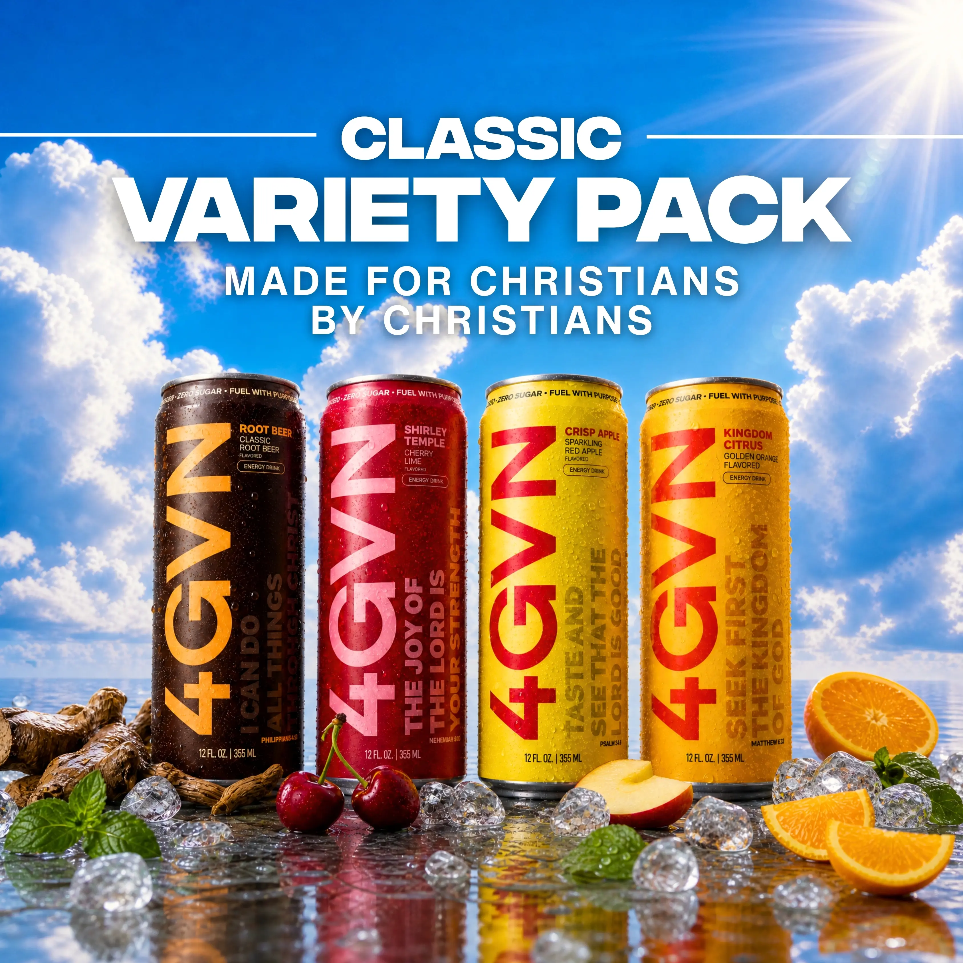 4GVN Christian Energy Drink – Classic Variety Pack, 12 Cans, 200mg Natural Caffeine, Zero Sugar Fizzy Fruit Flavor Soda, Built for Believers