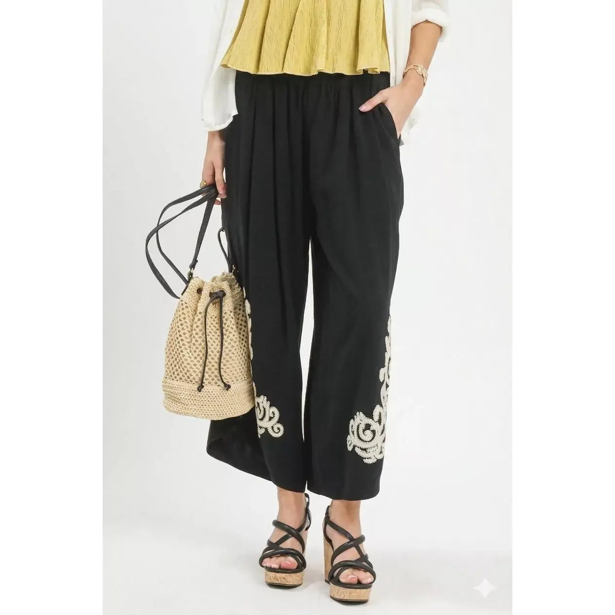 Umgee Linen Embroidered Wide-Leg Boho Pants