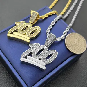 EMOJI 100 Cubic Zirconia Pendant & 4mm 18" 20" 24" Rope Chain Hip Hop Style Necklace Jewelry Halloween Gift