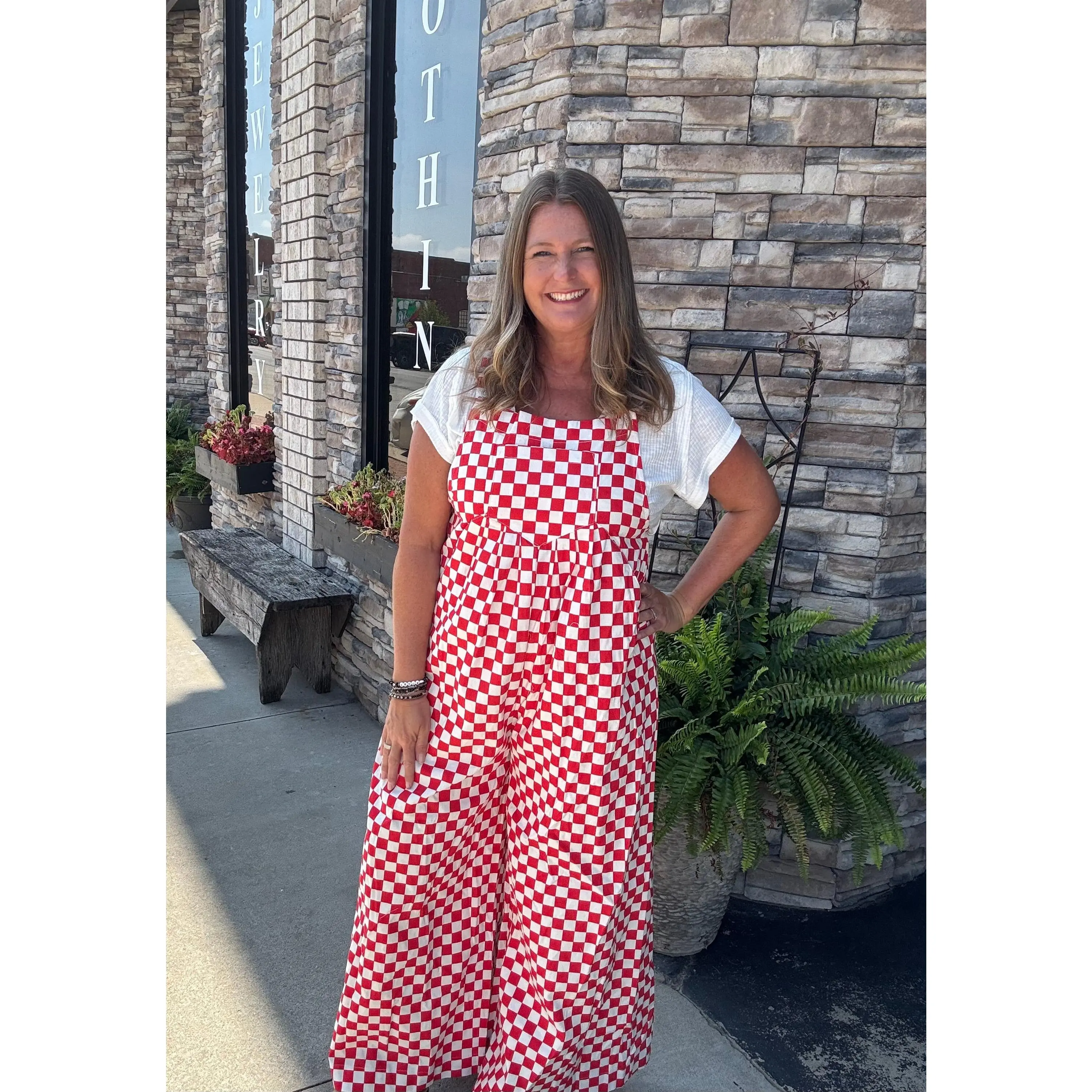 Gameday Theme Plaid Printed Overall With Pleats - Red
