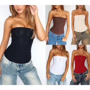Women Y2k Strapless Bustier Corset Back Zip Mesh Boned Bodyshaper Tube Top Sexy Going Out Bustier Tops
