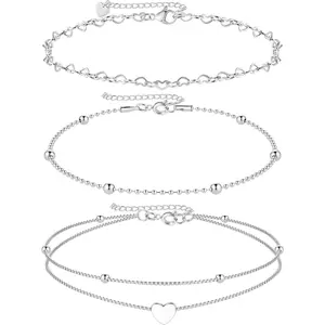 MILACOLATO 3Pcs Stainless Steel Ankle Bracelets Set with Bead Heart Chain, Double Laye Anklet, Adjustable for Daily Wear, Silver Anklet