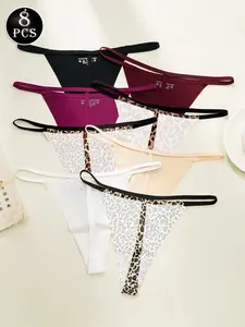 8-Pack Seamless Sexy Leopard Print Comfortable Breathable Women's Thong Underwear, Stylish and Cozy Everyday Wear, Breathable Panties, Breathable Knicker