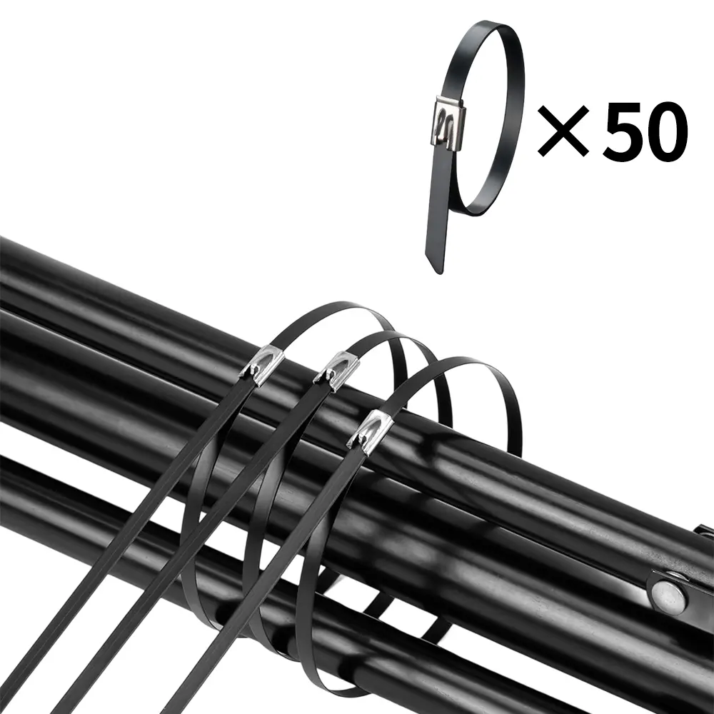 Metal Zip Ties black 50pcs 17.5 inch 304 Stainless steel Epoxy Coated Cable Tie Multi-purpose Self-locking Cable Ties used for machinery, vehicles, farms, cables, pipesas well as Outdoor binding
