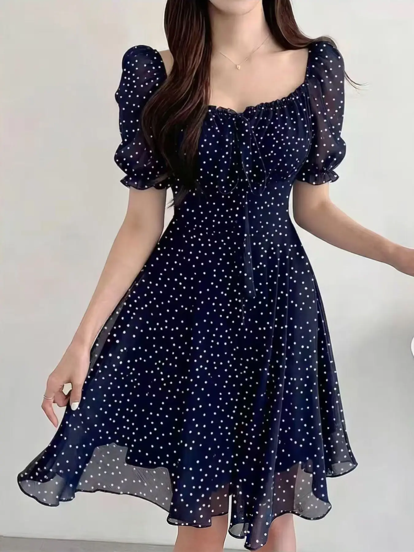 Chiffon Print Polka Dot Women's Dress, Square Neck Waist Cinch A-Line Midi Dress, Short Sleeve Summer Dress, Elegant Chic Casual Beach Party Dress Womenswear, Polkadot Dress