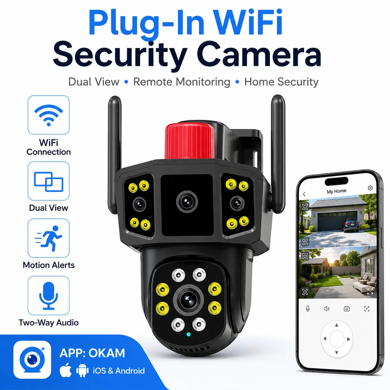 Dual-View WiFi Home Security Camera, Plug-In Camera with Remote Monitoring, Smart Alerts and Two-Way Talk