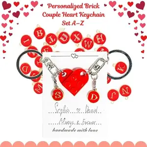 Personalized Brick Couple Heart Keychain Set A–Z – Matching Custom Keychains for Boyfriend & Girlfriend, Romantic Valentine’s Day Gift for Him & Her