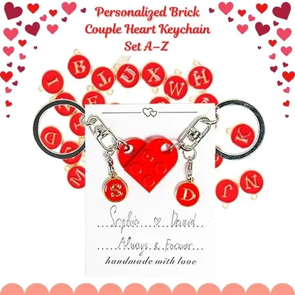 Personalized Brick Couple Heart Keychain Set A–Z – Matching Custom Keychains for Boyfriend & Girlfriend, Romantic Valentine’s Day Gift for Him & Her