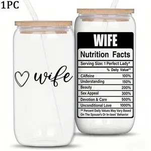 16oz Glass Jar with Lid, Bamboo Lid and Straw, Letter Pattern Glass Cup, Kitchen Glass Bottle, Gift for Wife, Home Use