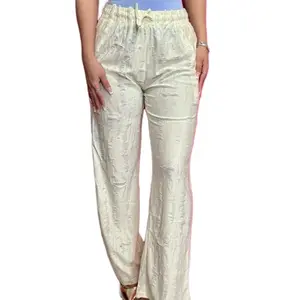 Lily Rhinestone Linen Blend Distressed Pants Elegance Chic Womenswear Trouser
