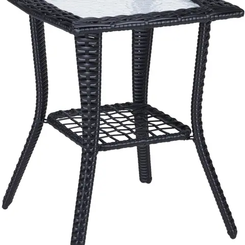VINGLI Outdoor Side Table with Storage Wicker Patio Side Table, Tempered Glass Top End Table for Balcony Porch Deck