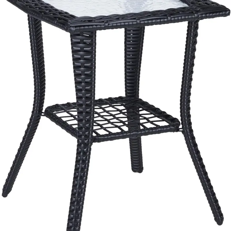 VINGLI Outdoor Side Table with Storage Wicker Patio Side Table, Tempered Glass Top End Table for Balcony Porch Deck