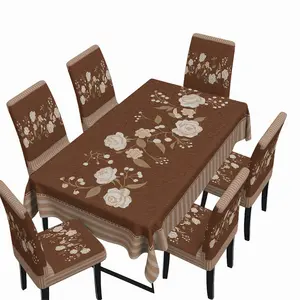 5/7-piece classic floral dining table and chair set, coffee-colored tablecloth + stretch chair covers, family dining room decorative fabric, Dining Chairs