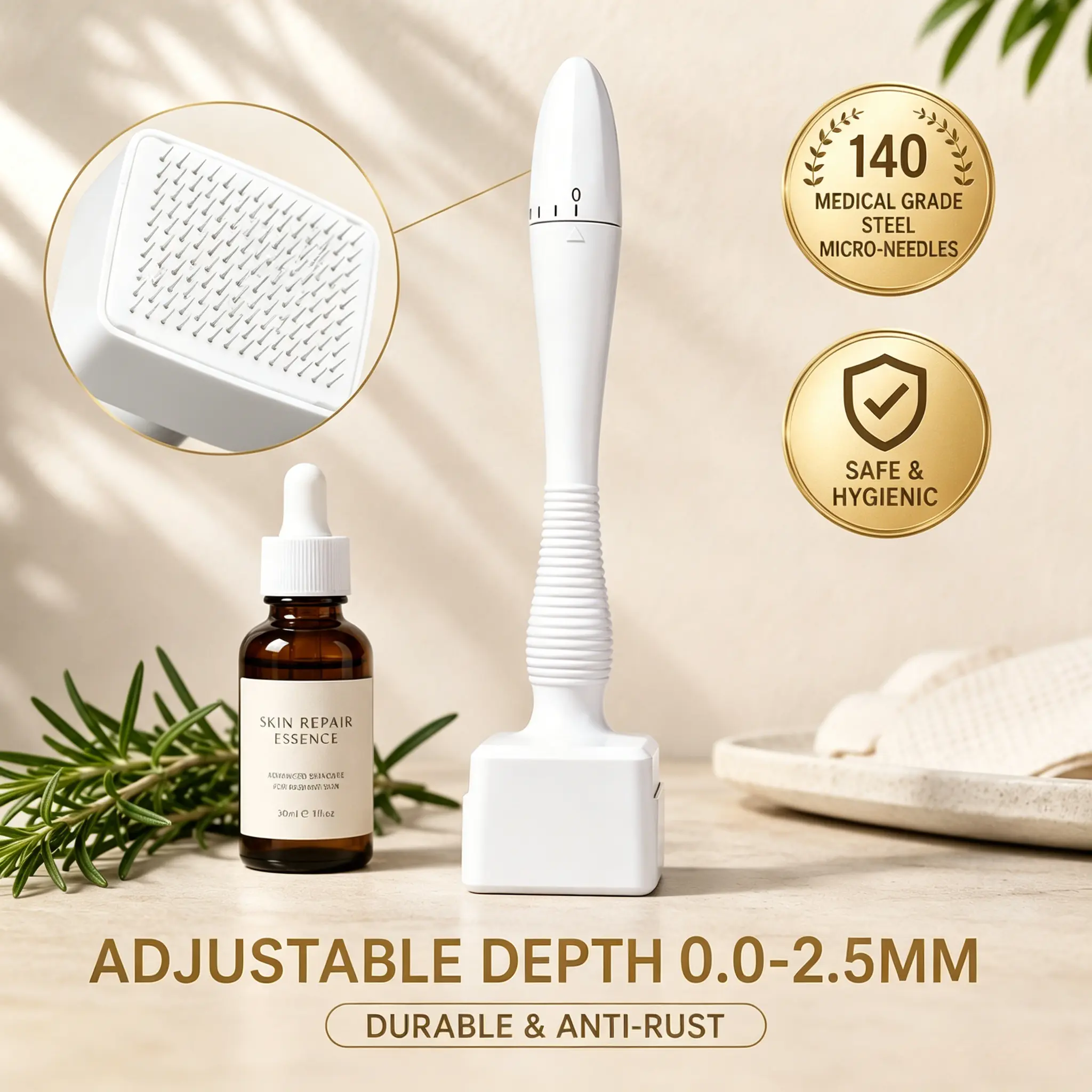 Titanium Derma Stamp - 0.25mm Tool for Skin Care - Ergonomic Handle & Premium Quality Materials - Portable & Friendly for Beginners - White Durable Gentle