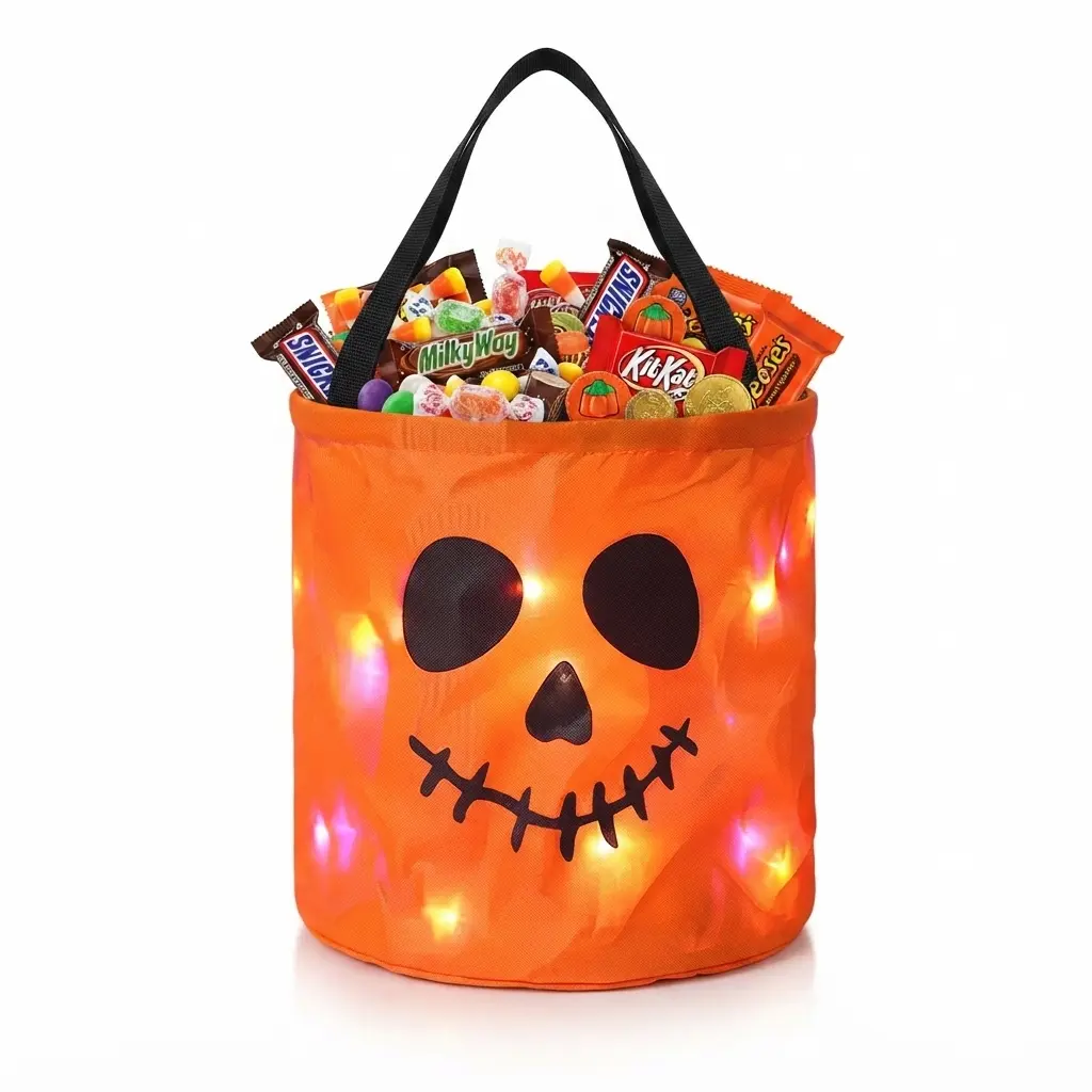 4-Pack Halloween LED Candy Buckets, Light-Up Pumpkin Trick or Treat Bags, Reusable Candy Totes for Kids, Halloween Party Goody Bags