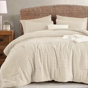 7 Piece Beige Boho Comforter Set Queen Bed in a Bag Tufted Texture Comforter Set Geometric Bedding Set 90"*90"
