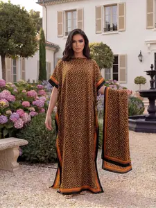Women's Geometric Print Shawl Set, Fitted Long Robe with Headscarf, Sun Protection Silk Scarf, Beachwear for All Seasons, Beach Cover Up