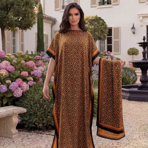 Women's Geometric Print Shawl Set, Fitted Long Robe with Headscarf, Sun Protection Silk Scarf, Beachwear for All Seasons, Beach Cover Up, Beach Coverups