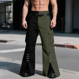 INCERUN Men's Colorblock Polyester Cargo Pants - Men's Wear, Asymmetric, Chic, Disco, Effortless, Flared Wide Leg, Split Hem, Lace-Up Trousers for Spring-Summer Hip Hop Streetwear, Asymmetric Men's Pants