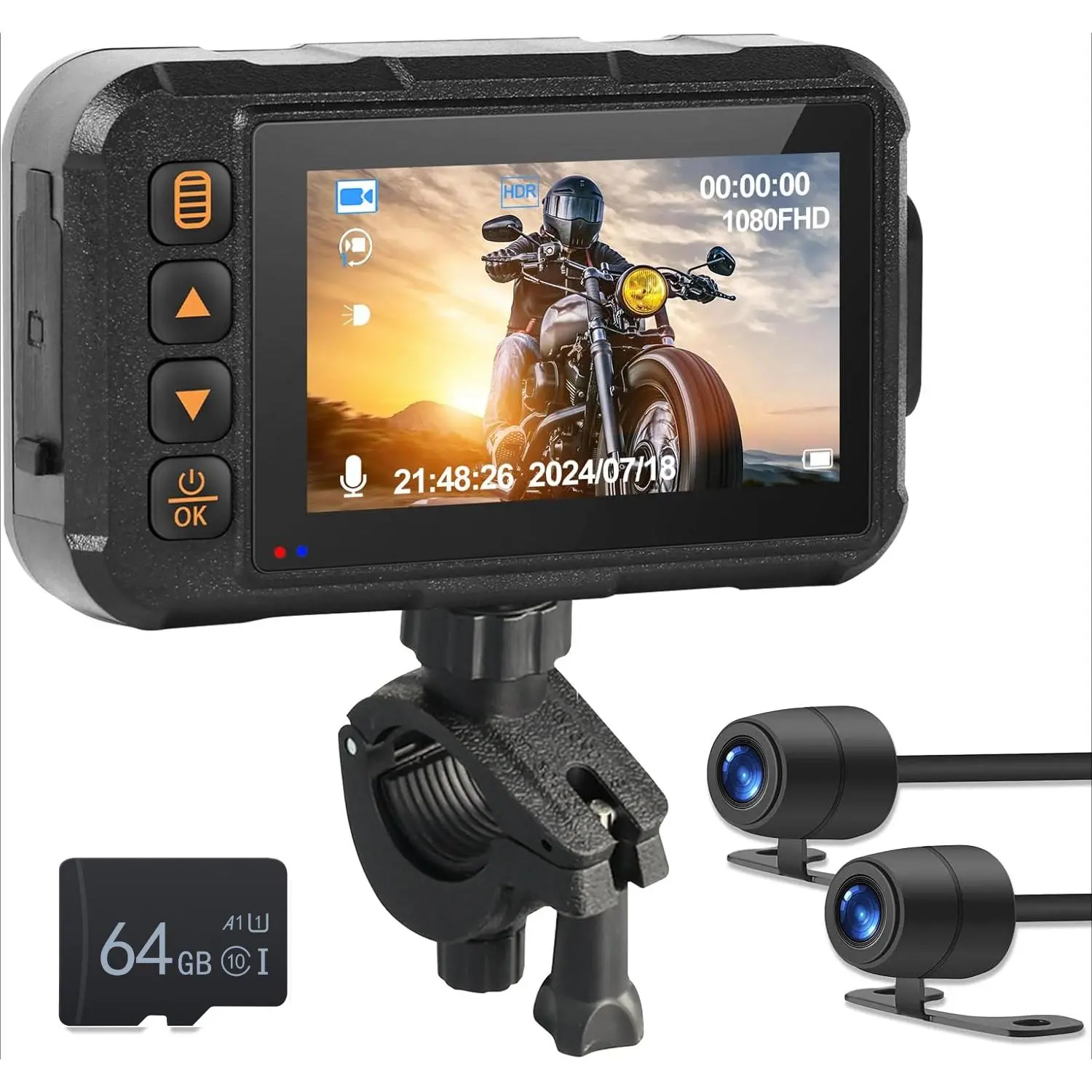 Motorcycle Dash Cam with 3" Screen, Dual Front-Rear Waterproof Lenses, 64G TF Card, 480p/720p Resolution, Night Vision, G-Sensor, Loop Recording, Car & Motorcycle Electronics Accessory, Father's Day Gift