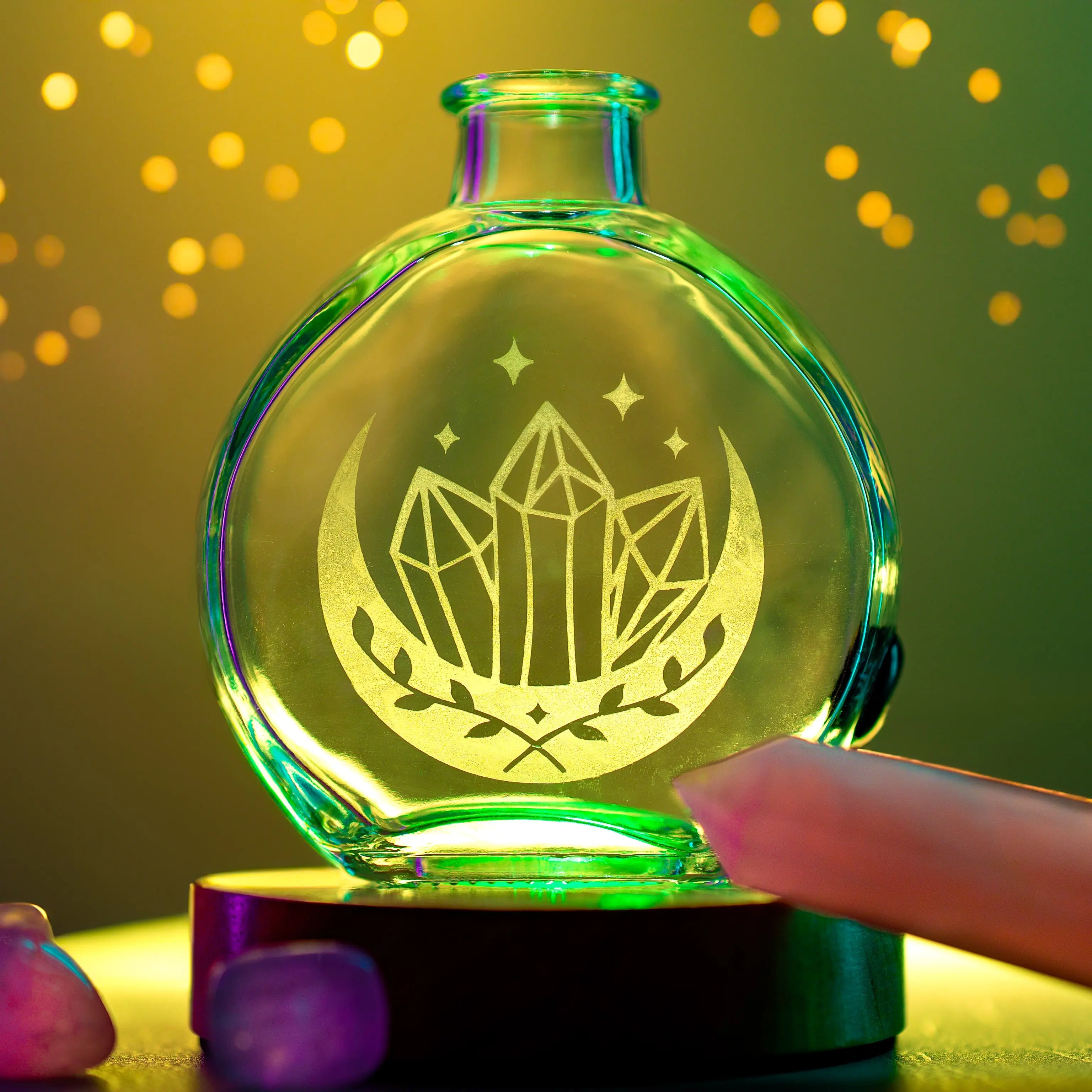 Crystals and Moon Incense Glass Bottle Burner by AmaZen Glass Co