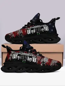 Men's Flag Print Lace Up Low Top Sneakers, 2024 New Style Casual Comfortable Breathable Sports Running Shoes, Male All-match Round Toe Shoes for Daily Wear