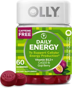 OLLY Daily Energy Gummy Caffeine Free Vitamin B12 CoQ10 Goji Berry Adult Chewable Supplement Tropical Flavor 60 Count Olly Healthcare Natural Dietary