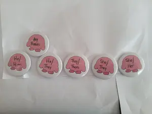 Handmade Pink Puff Ball Pronoun Button - 1.5-Inch - Customizable