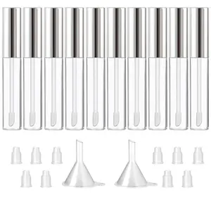 10 count 10ML Empty Lip Gloss Containers Tube with Wand, Refillable Lip Balm Bottles, Lipstick Sample Container and Funnel and Rubber Stoppers for Girls DIY Lip Samples,  Top