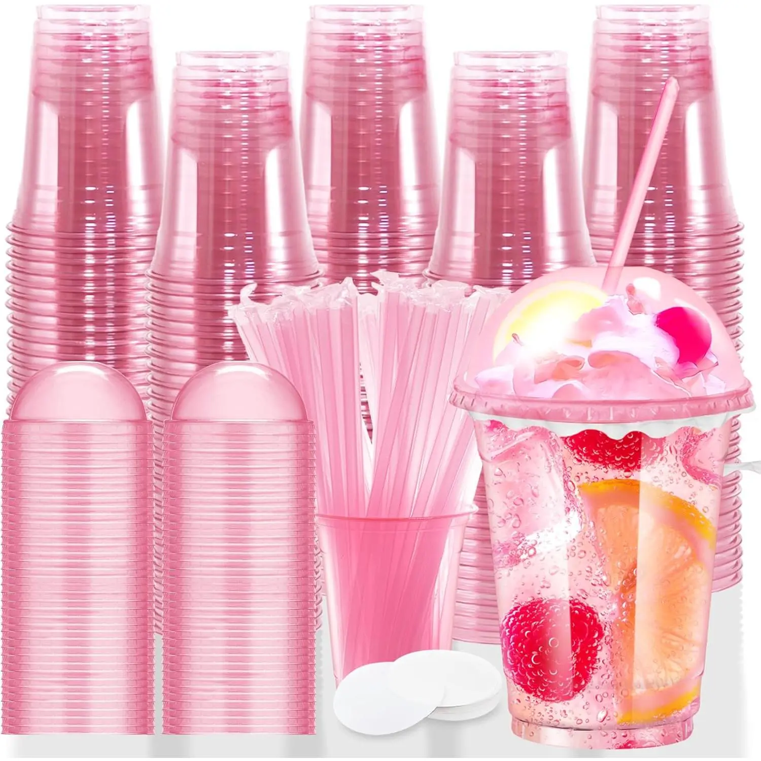 12oz BPA-Safe Impact-Resist Transparent Disposable Stemless Drink Glasses, PET Solo Cups with Dome Lids and Straws, Pack of 100 Pink Party Supplies for Weddings, Birthdays Cocktail Cups Pop Cups