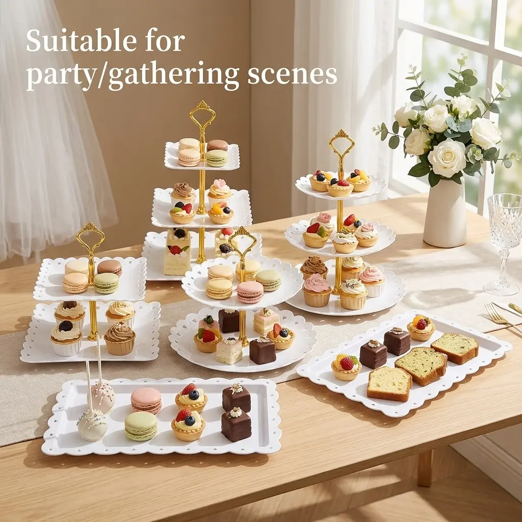 Sebastian CADIA 6-Piece Plastic Dessert Table Display Set - 6-in-1 Party Set, 2 Round Fruit Trays, 4 2-Tier/3-Tier Cupcake Stands, Stable Sturdy Decor Platform, Tea-Party Ready, Ideal for Cupcakes & Cookies, Birthday Events