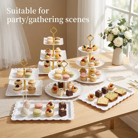 Sebastian CADIA 6-Piece Plastic Dessert Table Display Set - 6-in-1 Party Set, 2 Round Fruit Trays, 4 2-Tier/3-Tier Cupcake Stands, Stable Sturdy Decor Platform, Tea-Party Ready, Ideal for Cupcakes & Cookies, Birthday Events
