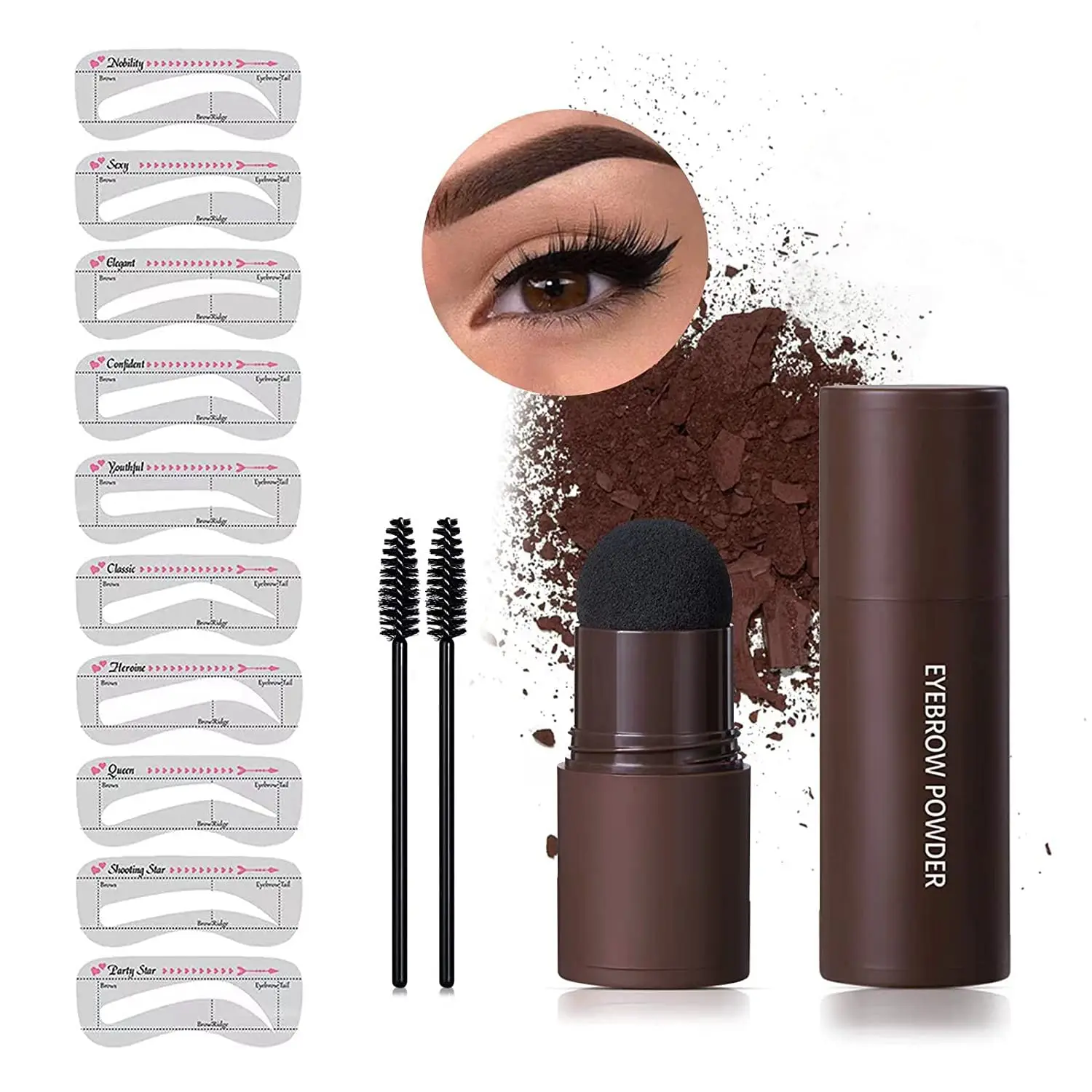 Eyebrow Stencil Kit, One Step Brow Powder Stamp Makeup with 10 Reusable Eyebrow Stencils&2 Eyebrow Pen Brushes, Lid Water Proof