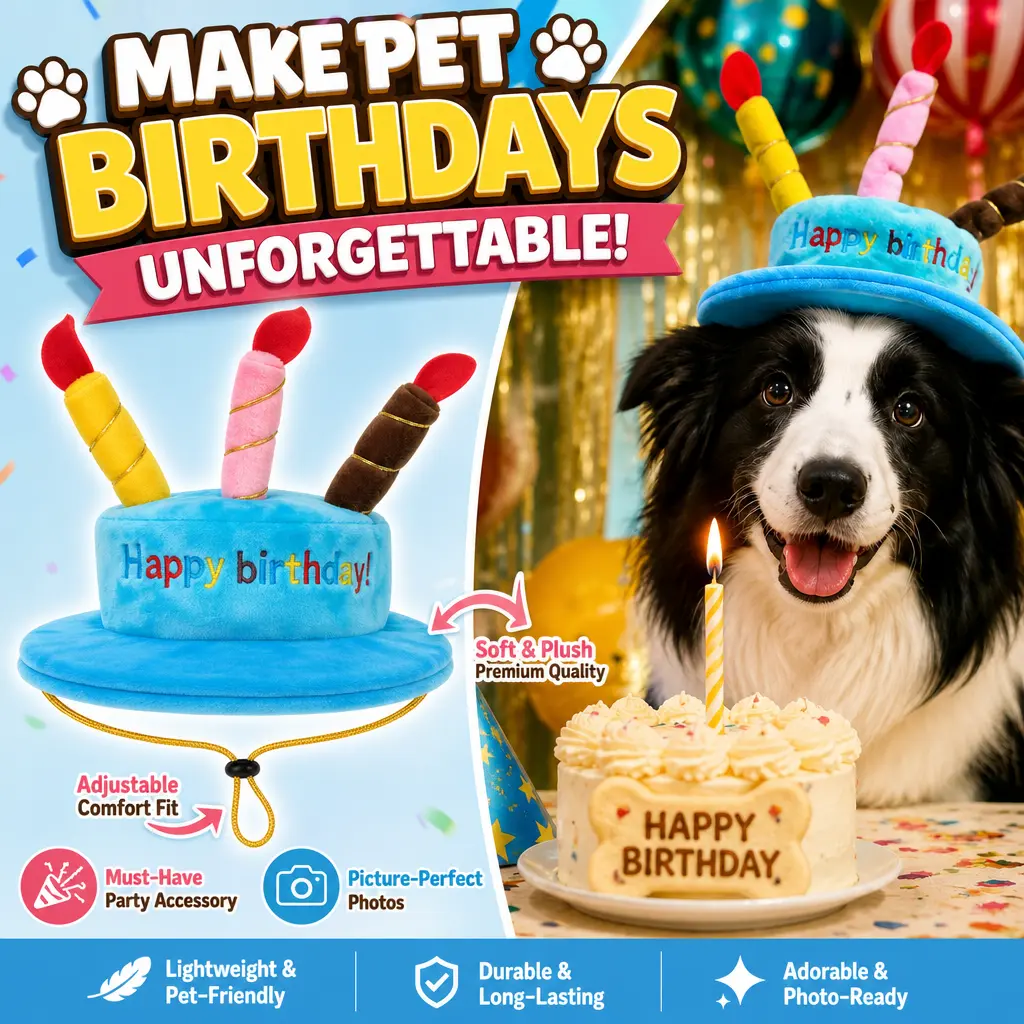 Pet Birthday Hat, Soft Plush Adjustable Party Cap, Lightweight Breathable Headwear with Secure Chin Strap, Universal Cute Birthday Costume for Small Medium Dogs and Cats, Perfect for Party Photoshoot and Pet Gift
