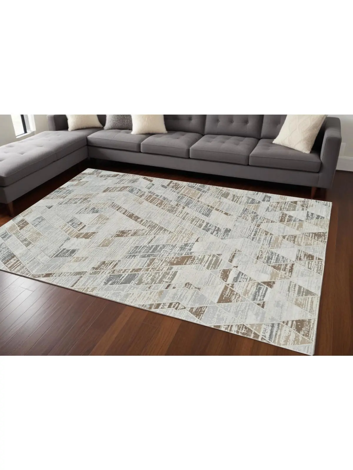 HomeRoots 8x11 ft Rectangle Modern Abstract Distressed Rug - Stain-Resistant Beige & Brown Indoor Modern Floor Rug for Home Decor