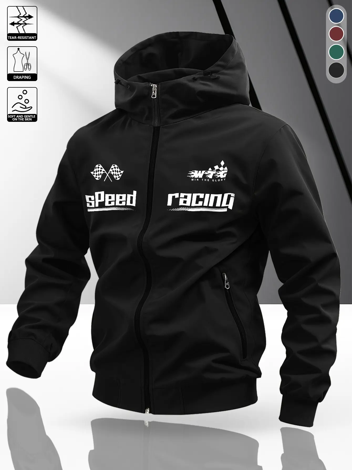 Men’s spring/autumn motorcycle-style racing print hooded jacket, durable breathable woven fabric, relaxed drop-shoulder fit, elastic cuffs and hem, suitable for skateboarding, going out, coffee exploration, and weekend shopping.