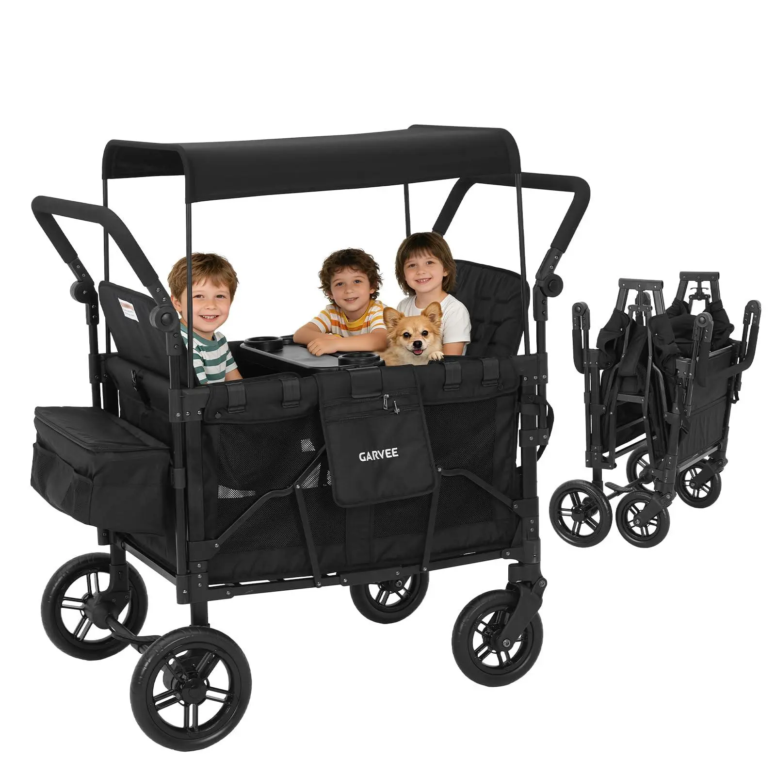 4 Seater Stroller Wagon, Premium Quad Stroller Wagon for 4 Kids, Adjustable Push/Pull Handles, All-Terrain Casters, Removable Canopy & Flat Fold, Black