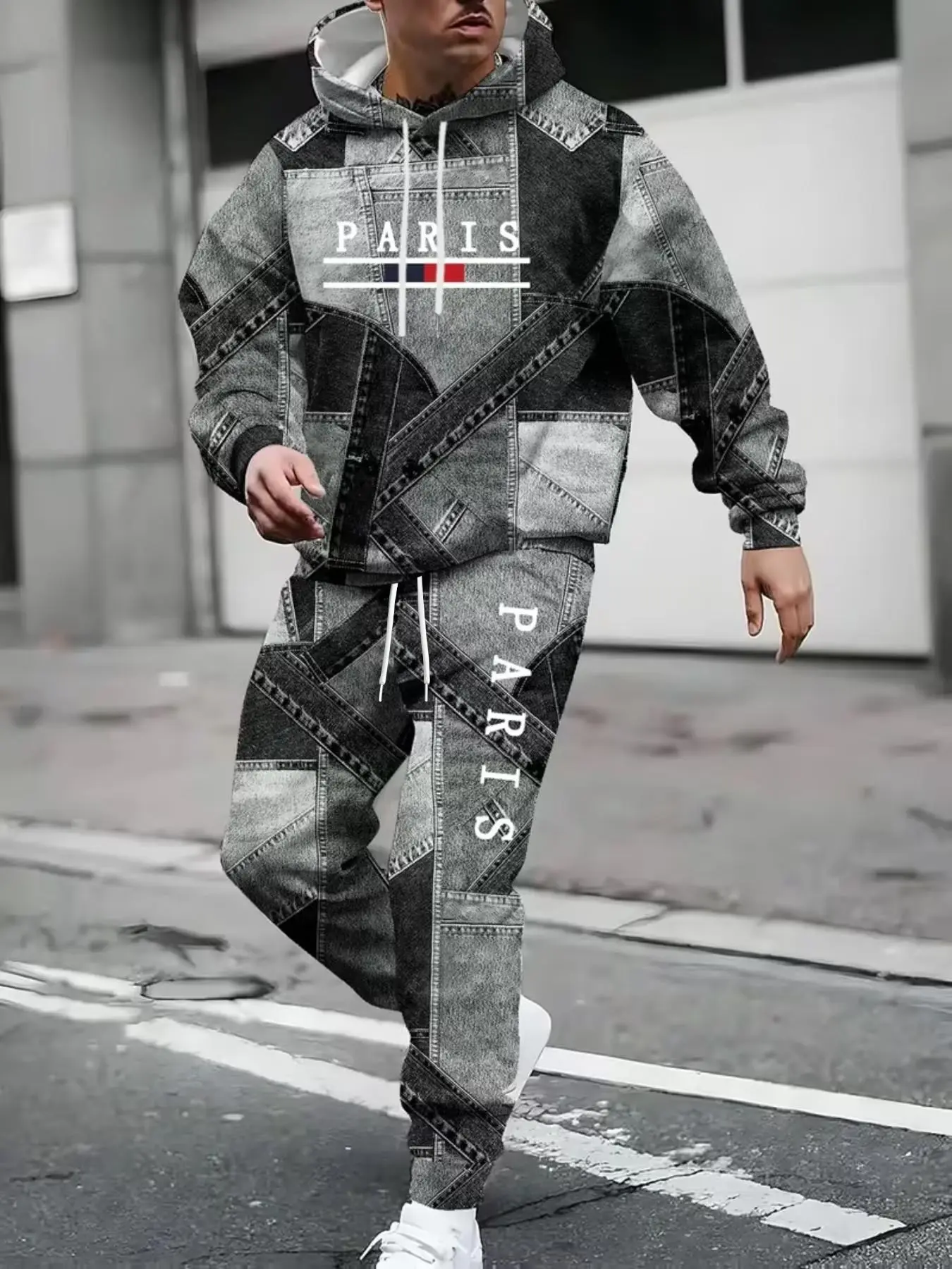 Men's Fashion Casual Hoodie Set, Hooded Tracksuit Set, Sporty Long Sleeve Knit Top, All over Print Pants, Fall & Winter Fitted, Ankle Length