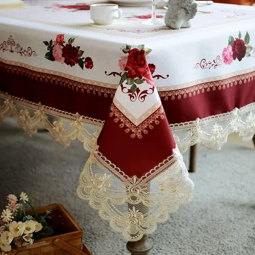 Lace Embroidered Table Cloth,Rectangular Farmhouse TableCover,Classic Oblong Antique Flower Decor Macrame Tablecloth (Burgundy, Rectangle/Oblong,60 x 84 Inch,6-8 Seats)