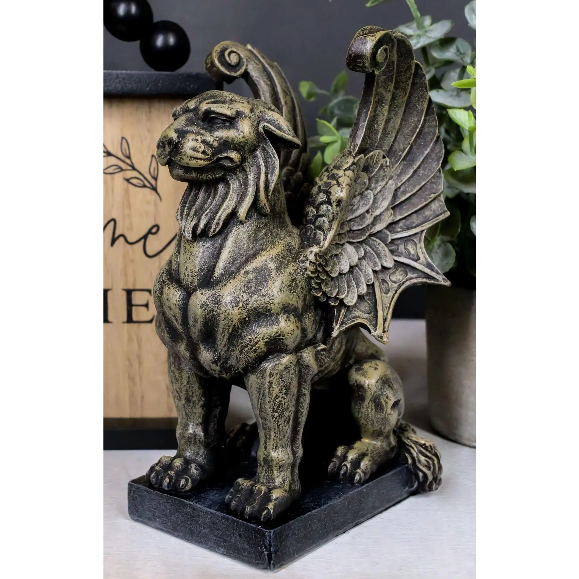 Ebros Crouching Lion Gargoyle with Griffin Wings Sculpture, 6.5" Tall Collectible Figurine for Home Decor, Unique Gift Statue on Pedestal, Collectible Figurines, Resin