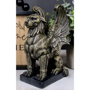 Ebros Lion Gargoyle with Griffin Wings Crouching On Pedestal Statue 6.5" Tall