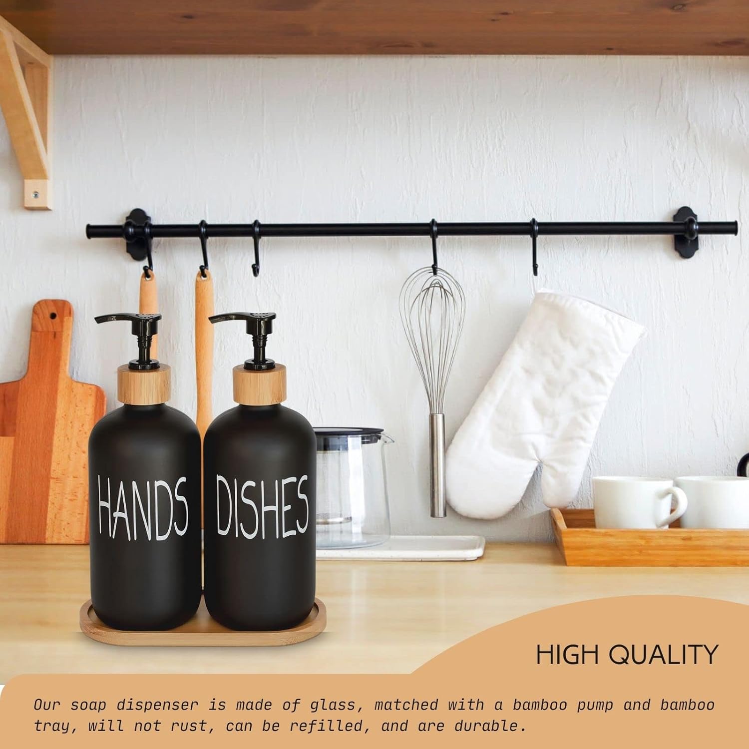 Glass Soap Dispenser Set. Hand and Dish with Bamboo Tray. Vintage Pump for Kitchen Drain Outlet Bathroom. Stylish Permanent Labels (Matte Black)