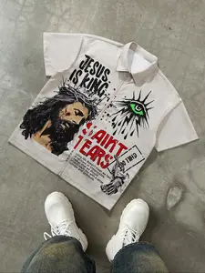 Men's Jesus Print Button Front Shirt, Loose Casual Comfy Short Sleeve Collared Top for Daily Wear, Men's Sleepwear & Loungewear for All Seasons, Menswear, Pjs