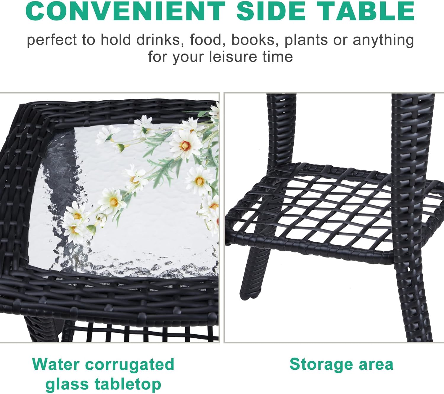 VINGLI Outdoor Side Table with Storage Wicker Patio Side Table, Tempered Glass Top End Table for Balcony Porch Deck